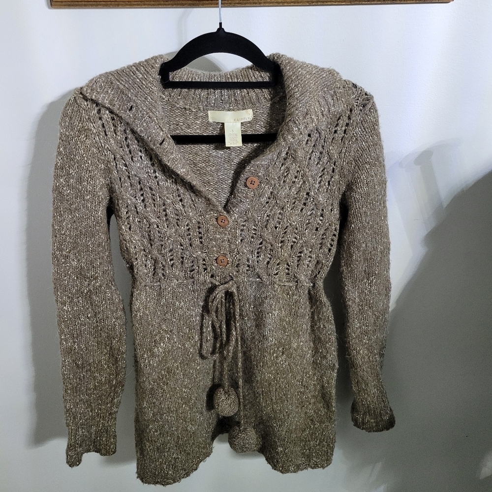 Kaisely Open Knit 1/2 Button Brown Marled Cardigan Sweater w/ Belt, Size S